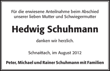 Traueranzeige von Hedwig Schuhmann von Pegnitz-Zeitung